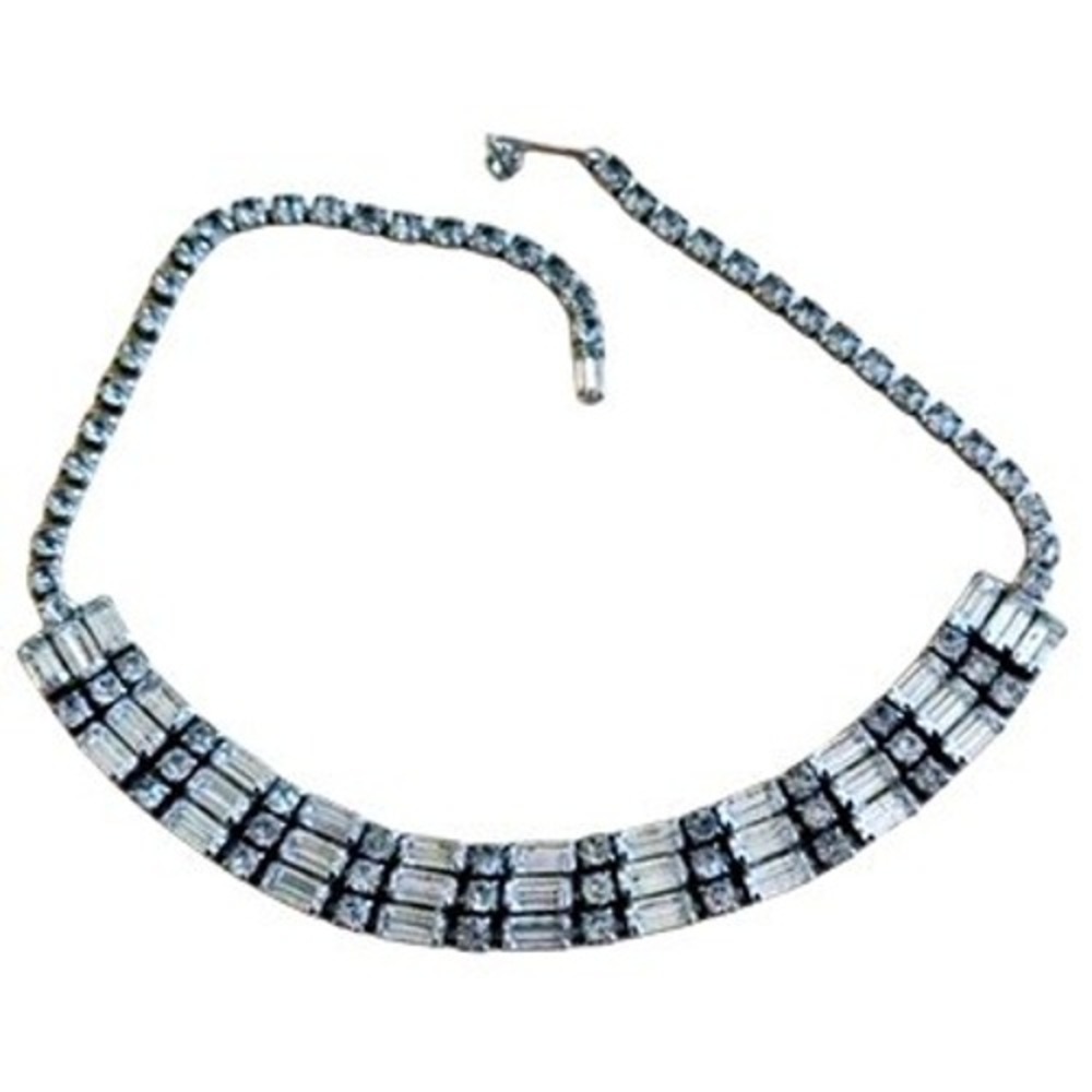 VTG Clear Crystal Rhinestone Necklace choker Silver tone Baguette Bridal 50s 15"